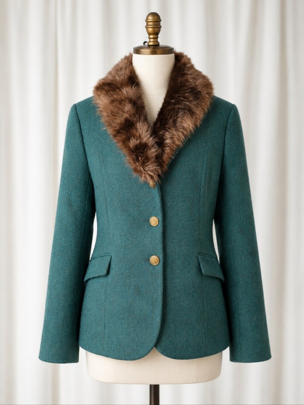 Talbots Aberdeen Equestrian Green Faux Fur Collar Gold Button Blazer Jacket